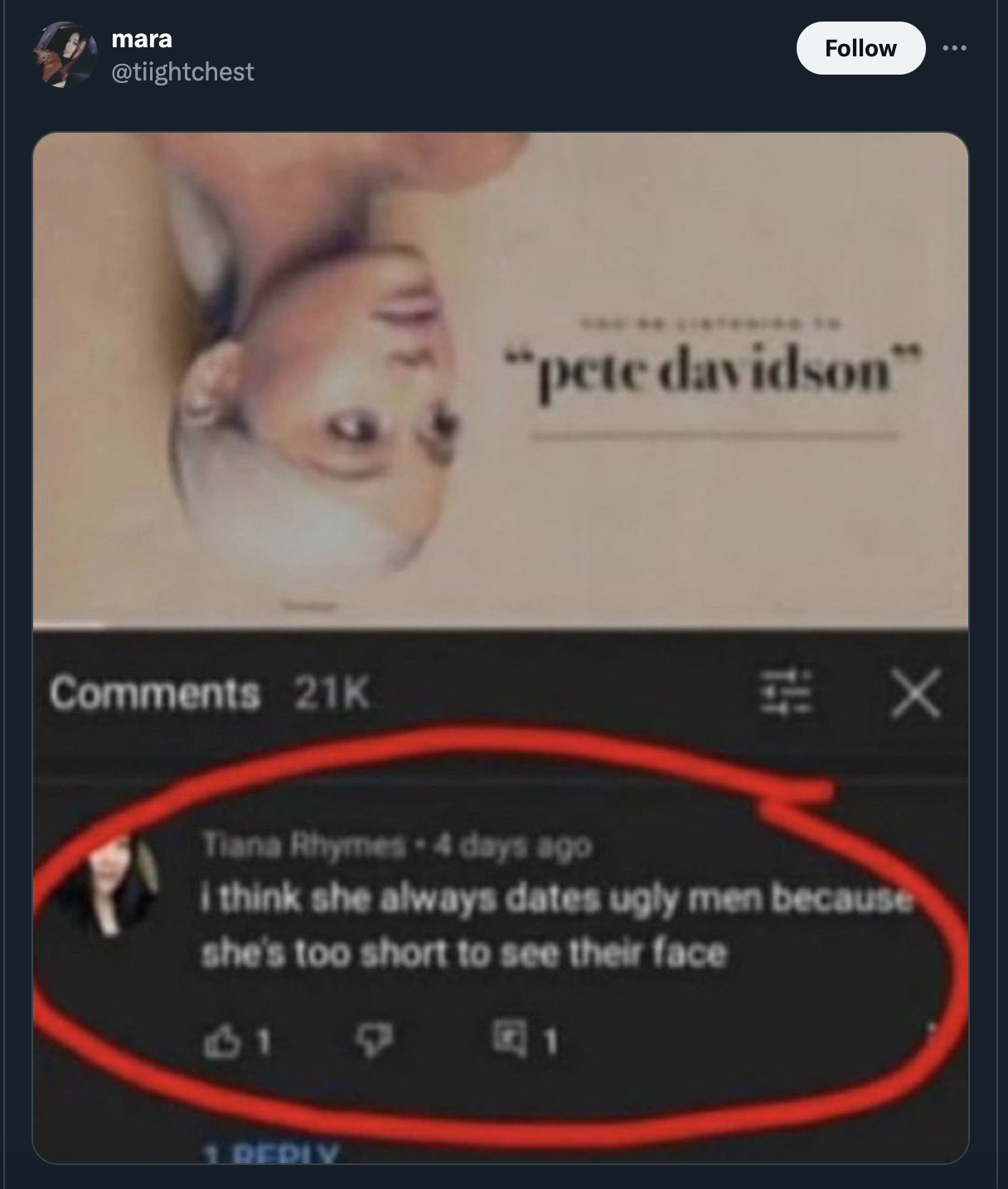 screenshot - mara 21K "pete davidson" Tiana Rhymes 4 days ago i think she always dates ugly men because she's too short to see their face 1 1 Dediv